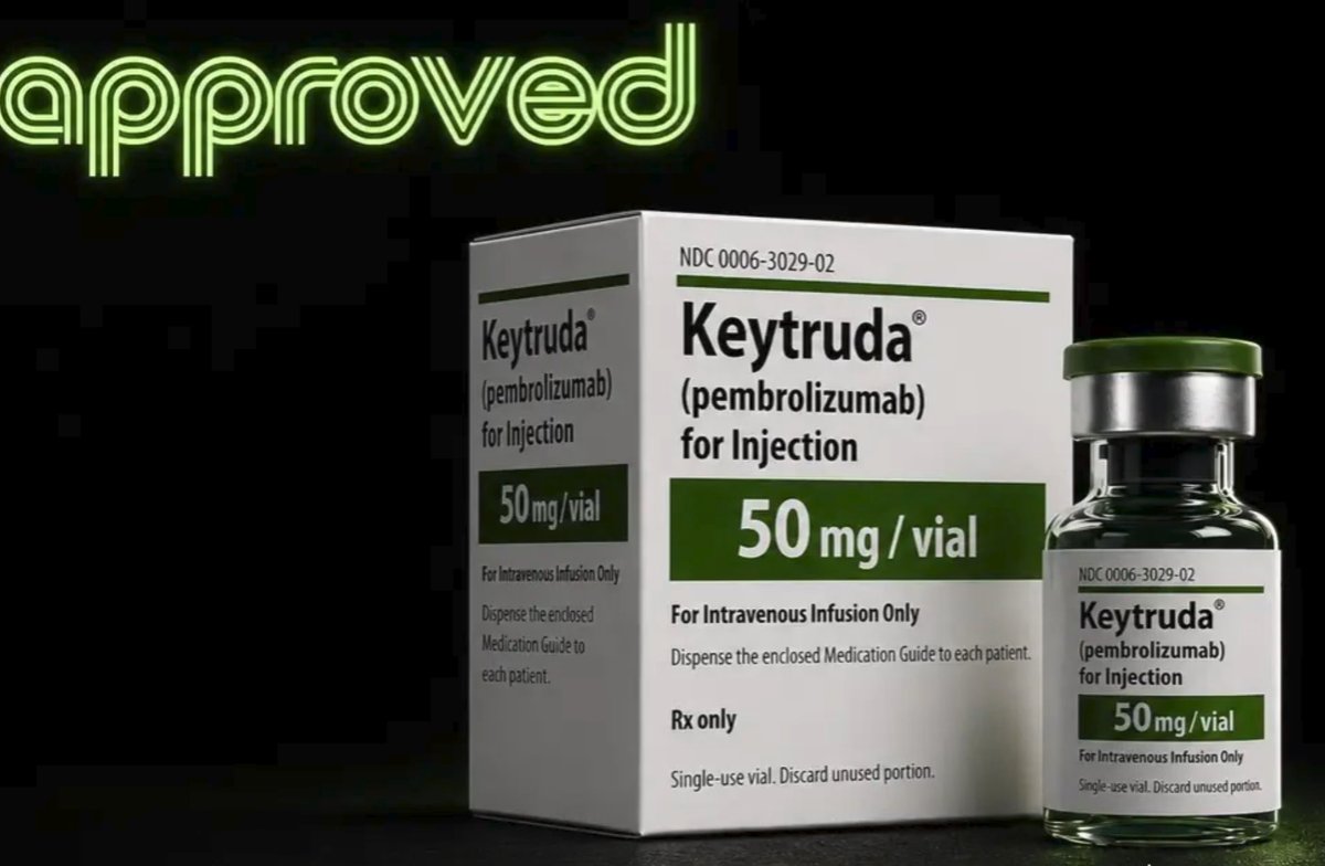 Approved podcast logo above a Keytruda (pembrolizumab) 50 mg box and vial