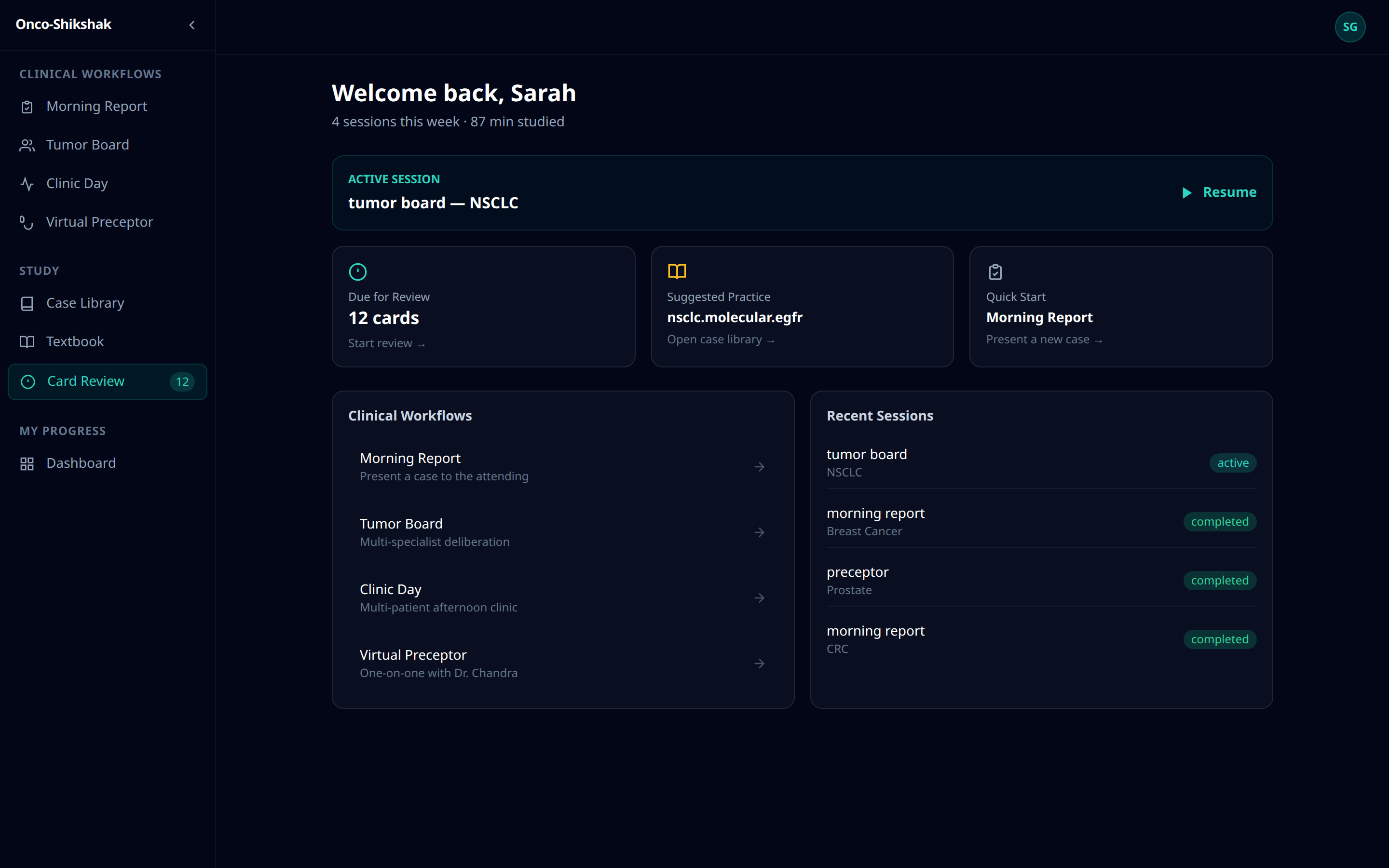 Onco-Shikshak learning hub dashboard